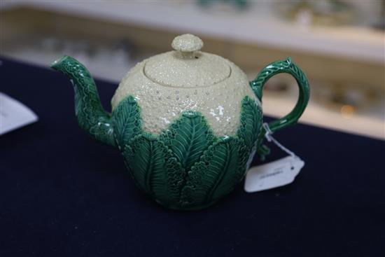 A Staffordshire creamware cauliflower teapot and cover, circa 1770-80, H. 14.5cm, minor glaze chips